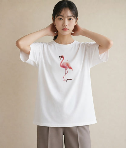 半袖Tシャツ レディース フラミンゴ 動物 アニマル イラスト シック 親子 20代 白T