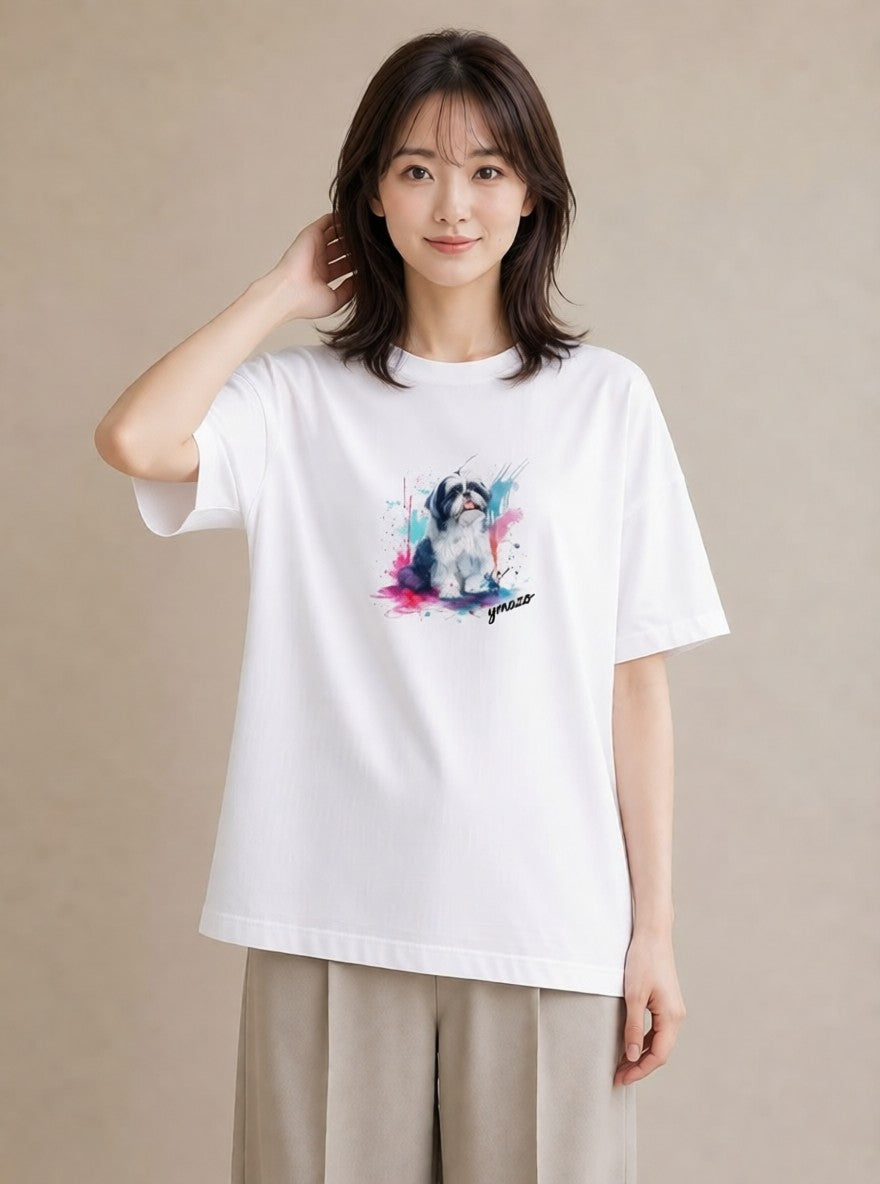 Tシャツ レディース 狆 犬 いぬ イラスト こなれ感 休日 ペアコーデ 白T