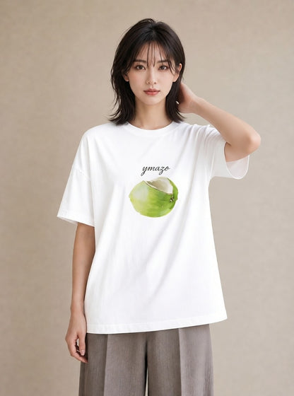 半袖Tシャツ レディース りんご 林檎 アップル 食べ物 フード イラスト 普段使い 旅行用 海 白T