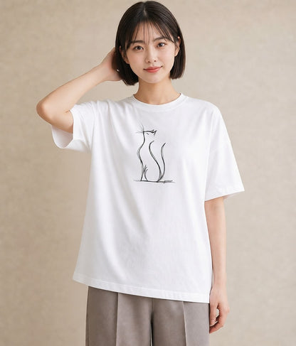 Tシャツ レディース 猫 ねこ ネコ イラスト 友達ギフト 部屋着 白T