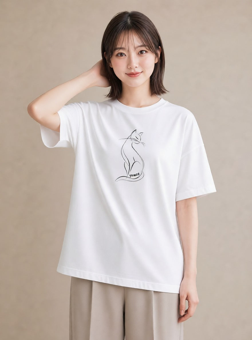 デザインTシャツ レディース 猫 ねこ ネコ イラスト 韓国風 夏コーデ 通学 白T