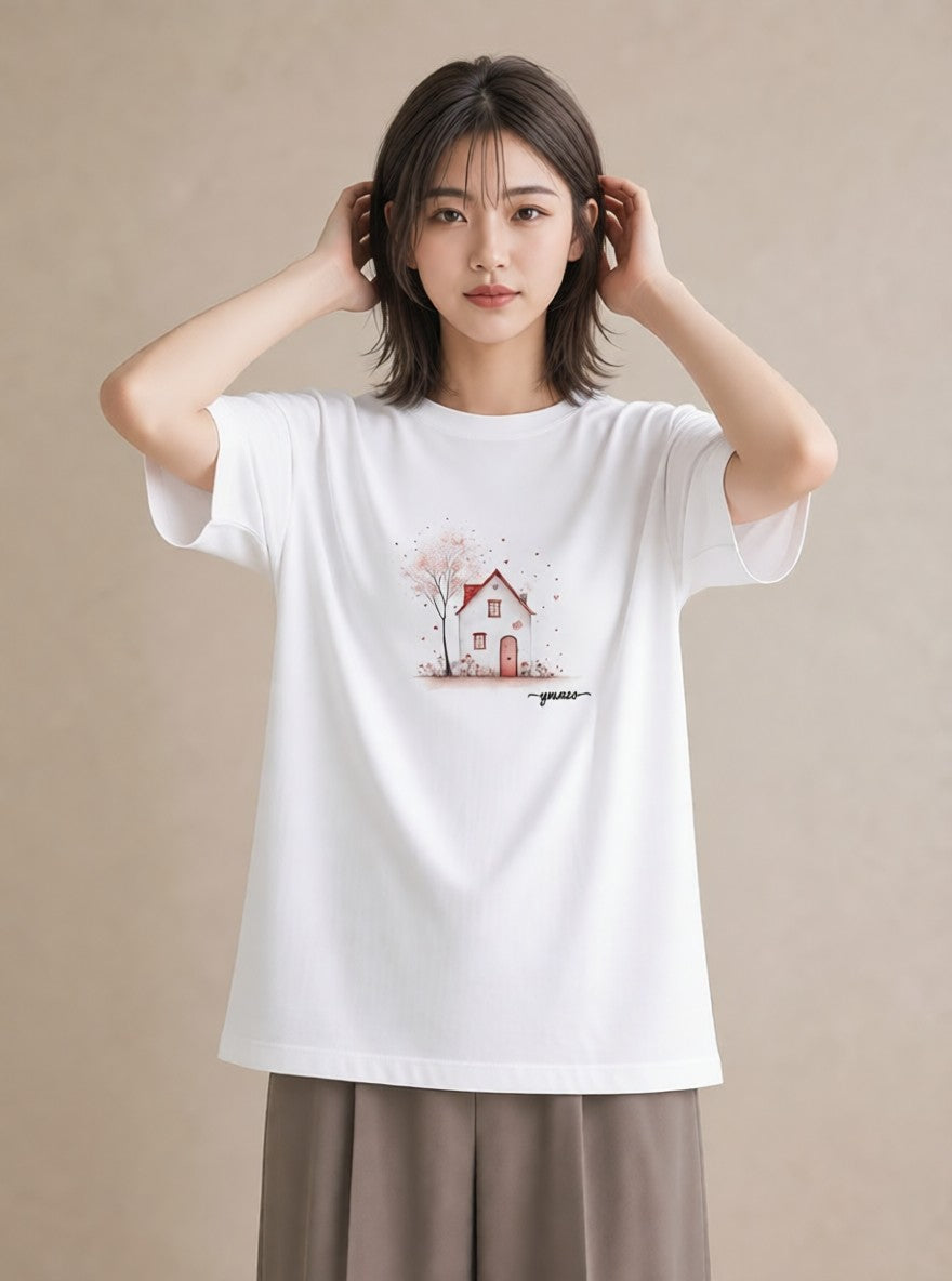 半袖Tシャツ レディース 遠い家と鳥 風景 鳥 ナチュラル アンティーク イラスト ヴィンテージ風 レイヤード 友達ギフト 白T