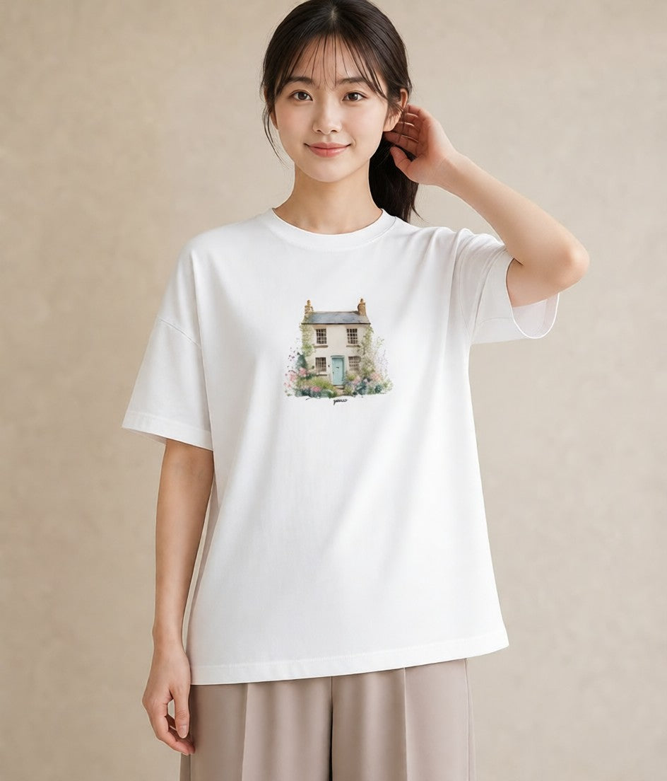 プリントTシャツ レディース 灯りの家 小屋 夜 ナチュラル アンティーク イラスト 普段使い 姉妹 送別ギフト 白T