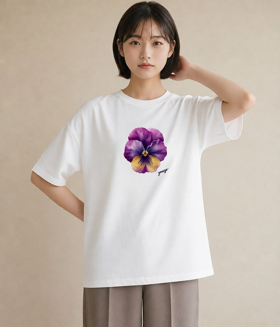 Tシャツ レディース スミレ 花 花柄 イラスト ヴィンテージ風 海 カフェ巡り 白T