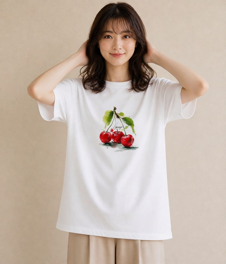 Tシャツ レディース さくらんぼ チェリー 食べ物 フード イラスト 休日コーデ 公園 ママ 白T
