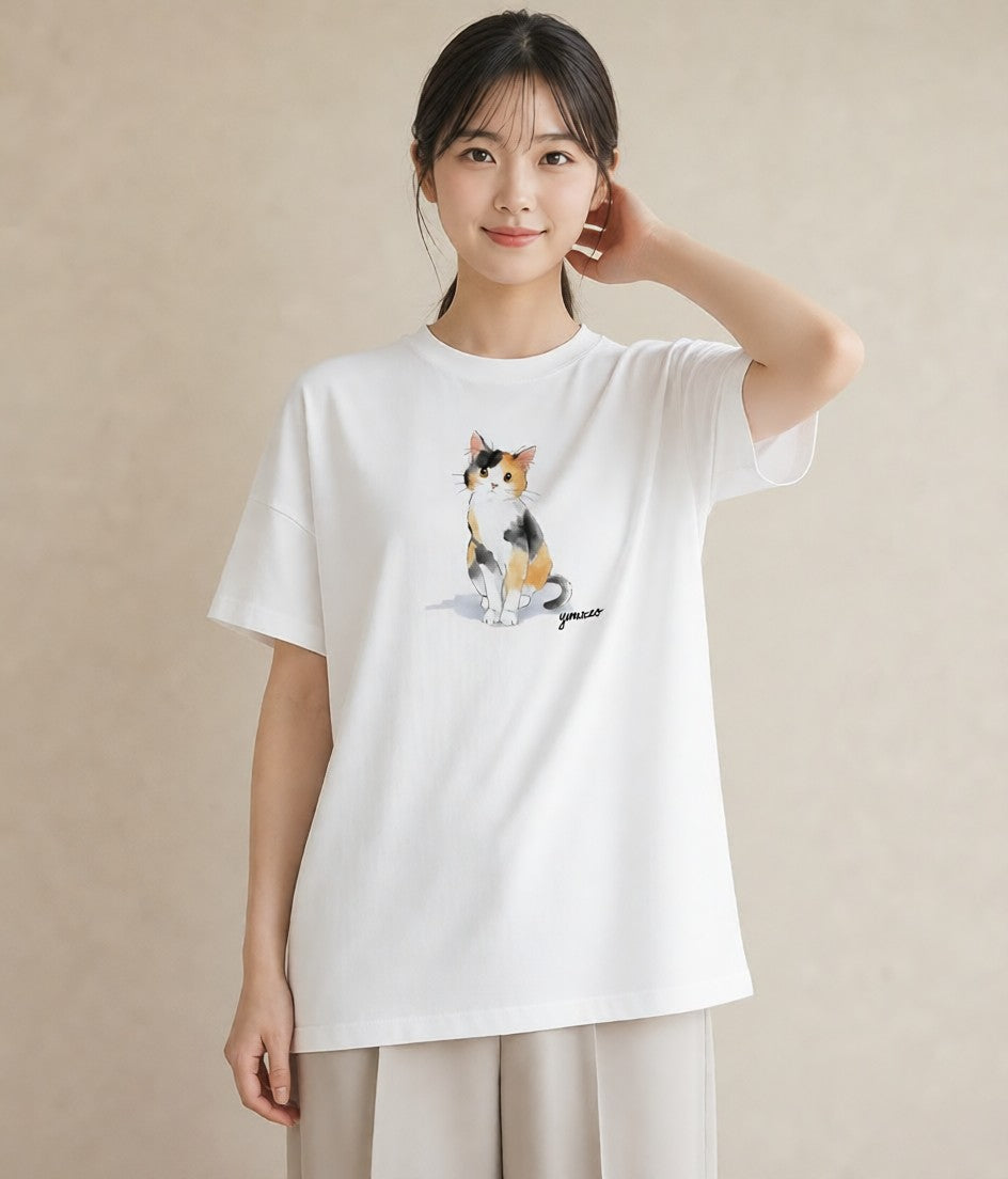半袖Tシャツ レディース 白猫 猫 ねこ イラスト ミニマル 20代 カジュアルコーデ 白T