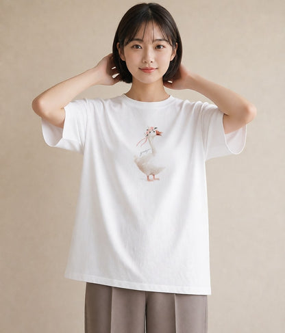 デザインTシャツ レディース アヒル 動物 アニマル イラスト 綿100 デート 白T