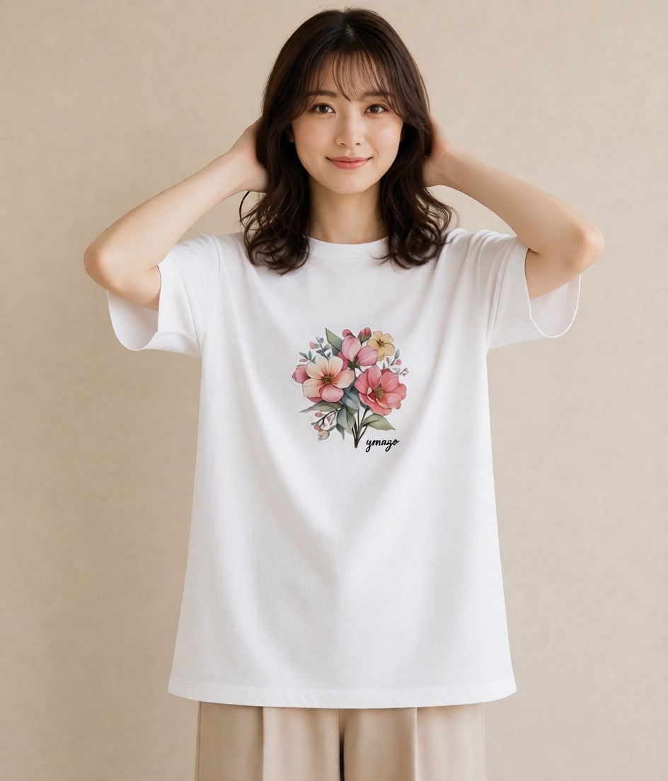 Tシャツ レディース コスモス 秋桜 花 花柄 イラスト ラフカジュアル おしゃれギフト 社会人 白T