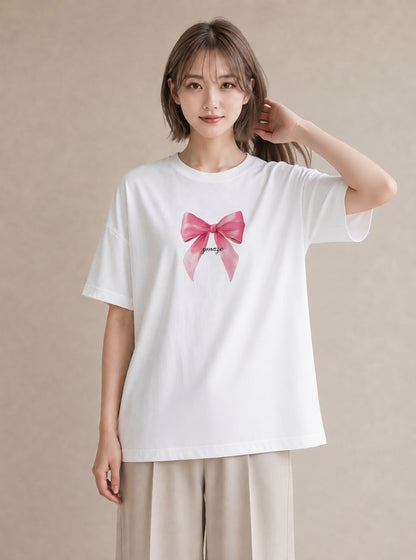 Tシャツ レディース リボン 蝶結び ナチュラル アンティーク イラスト ミニマル 春コーデ 姉妹 白T