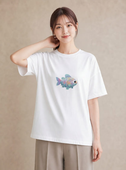 半袖Tシャツ レディース 出目金 ペット 動物 イラスト ボタニカル クリスマス 旅行 白T