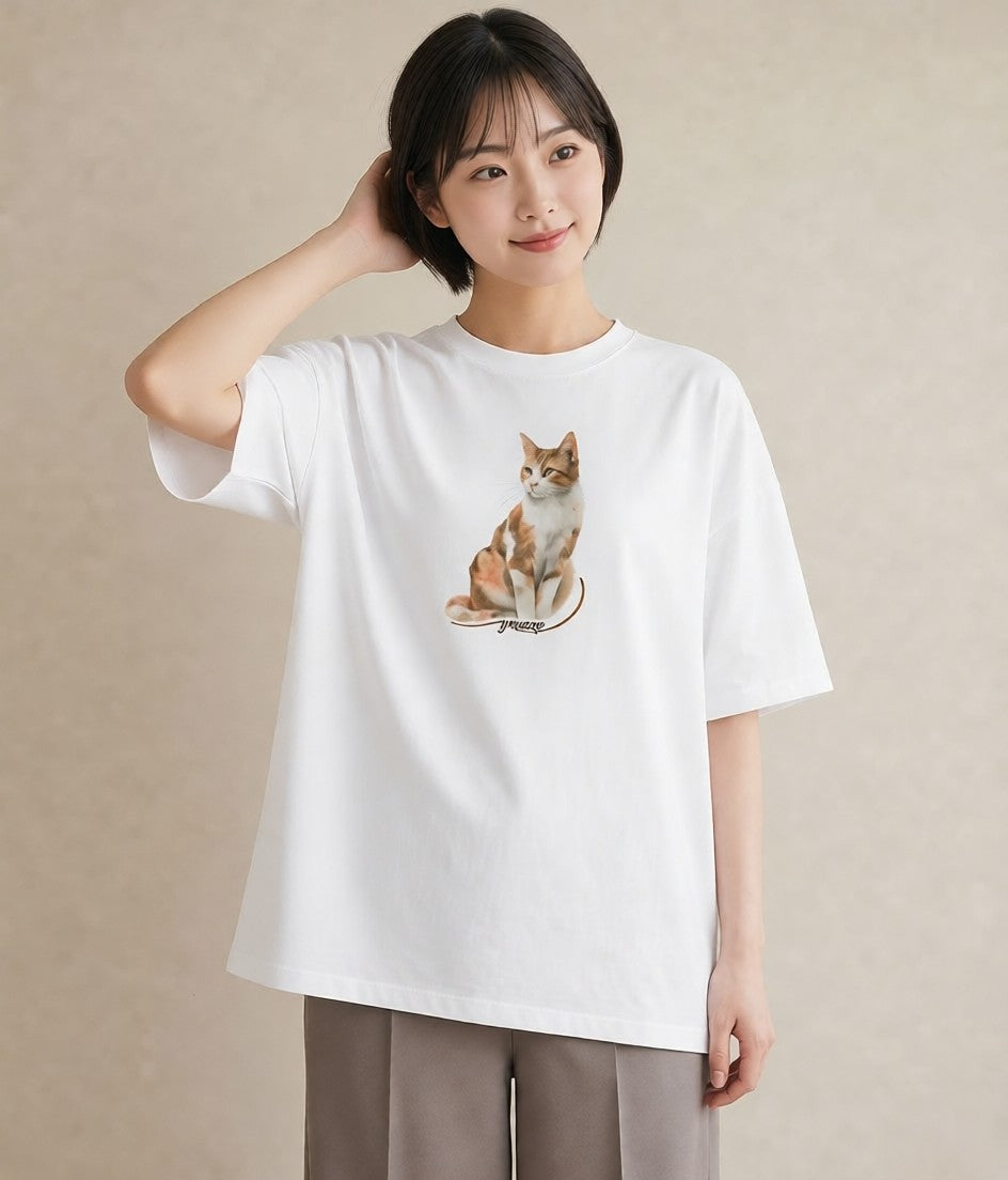 グラフィックTシャツ レディース 白猫 猫 ねこ イラスト カフェコーデ レイヤード 友達ギフト 白T