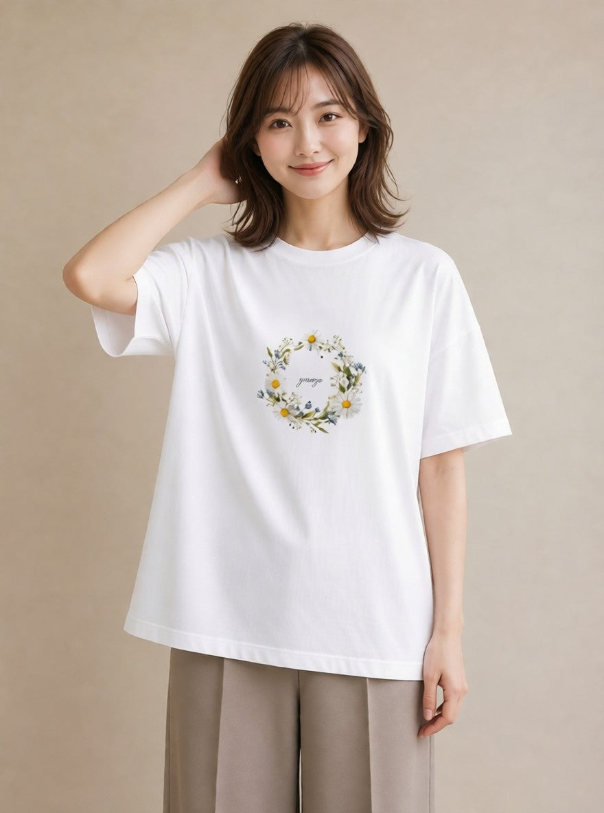 Tシャツ レディース デイジー 花 花柄 イラスト シンプル 春服 ミセス 白T