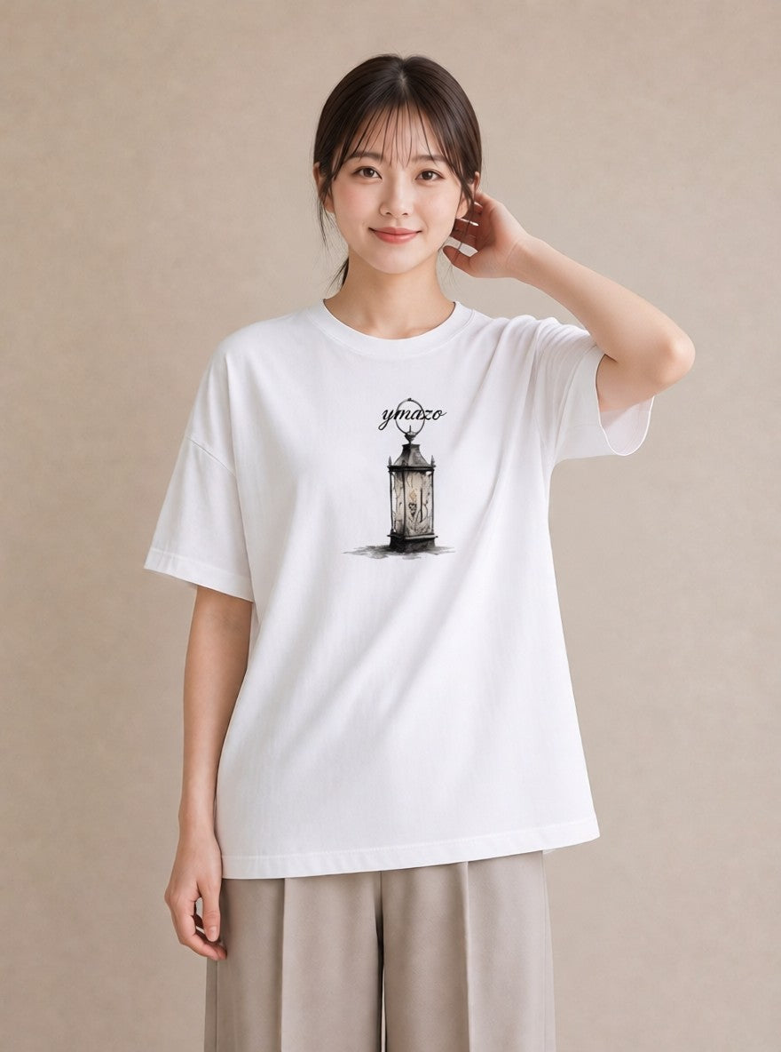 プリントTシャツ レディース 街灯 夜霧 夜 ナチュラル アンティーク イラスト ニュアンス 女性 旅行用 白T