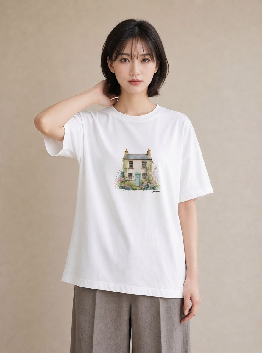 半袖Tシャツ レディース 湖畔の小屋 湖 小屋 ナチュラル アンティーク イラスト 韓国風 ママ カフェ服 白T