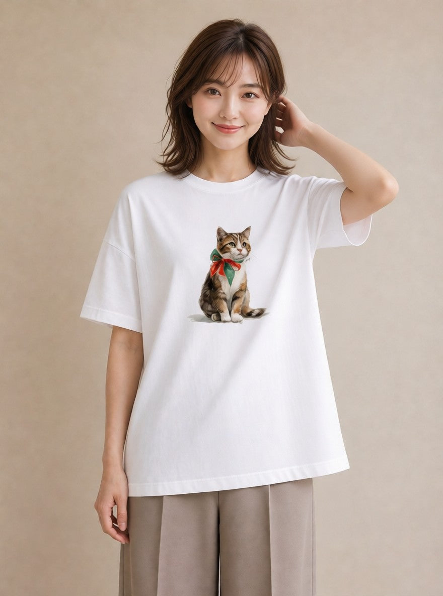 デザインTシャツ レディース 子猫 猫 ねこ イラスト ラフ 普段着 週末コーデ 白T