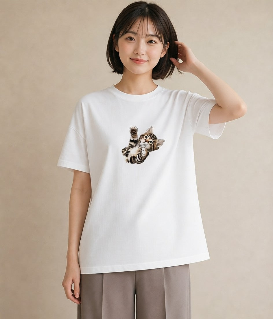 デザインTシャツ レディース サバトラ 猫 ねこ イラスト 抜け感 通学 誕生日プレゼント 白T