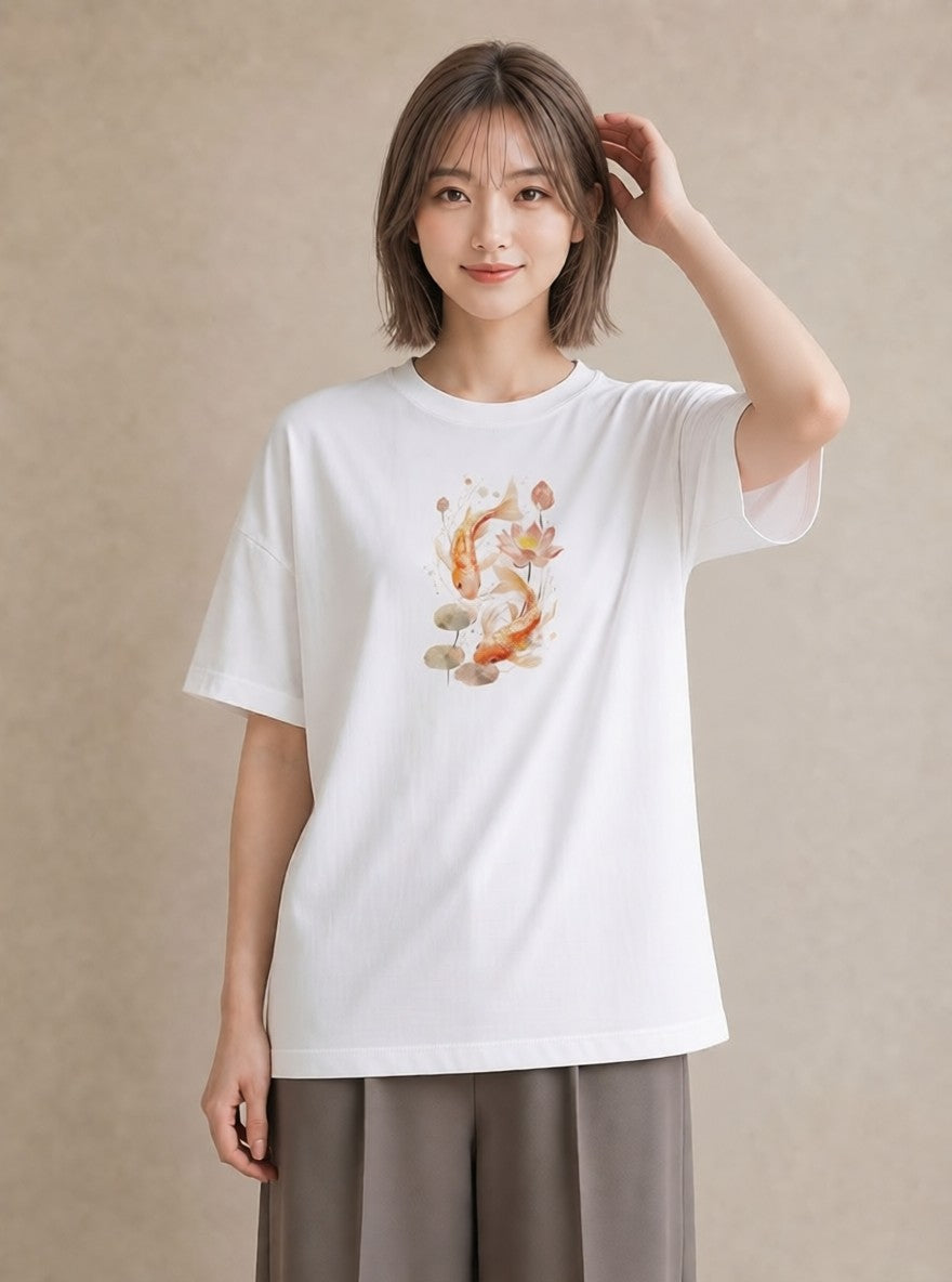 グラフィックTシャツ レディース 出目金 ペット 動物 イラスト 水彩風 デイリーウェア 休日 白T