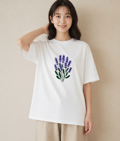 Tシャツ レディース ラベンダー 花 花柄 イラスト アート風 ギフト 母の日 白T
