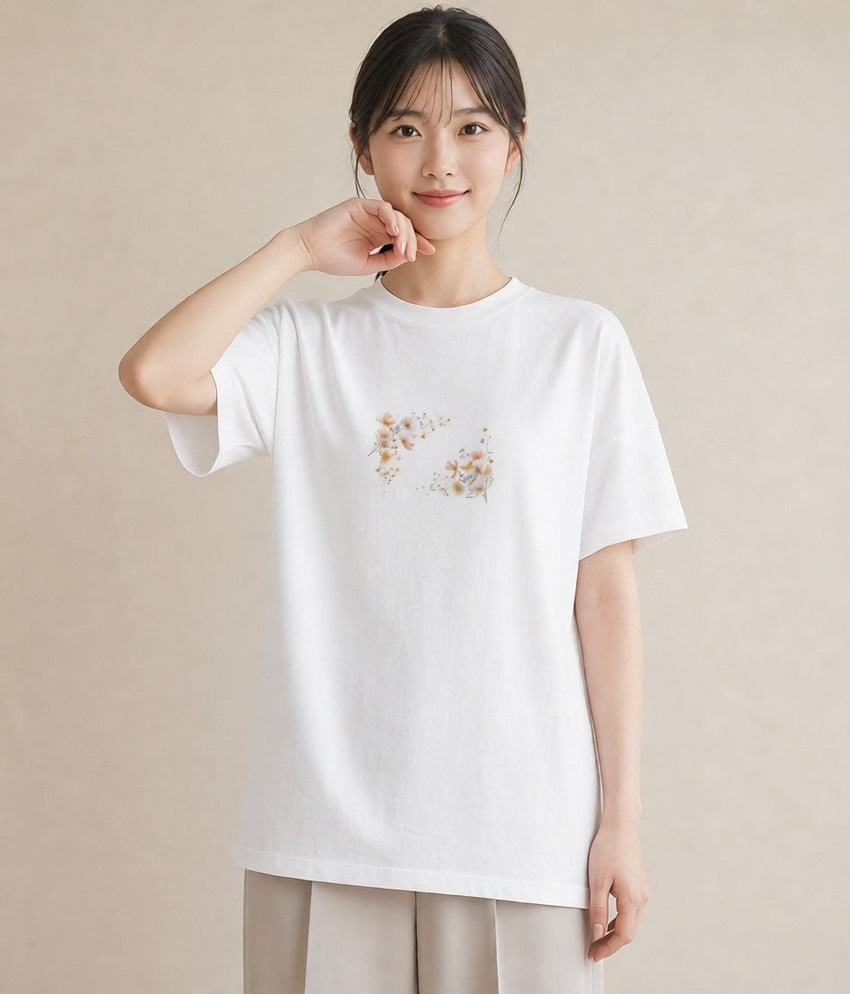 プリントTシャツ レディース コスモス 秋桜 花 花柄 イラスト モード 夏コーデ 通学 白T