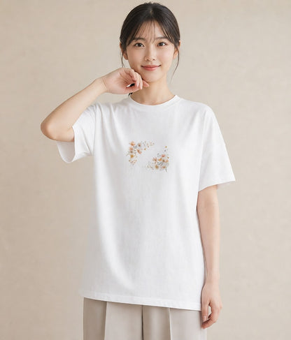 プリントTシャツ レディース コスモス 秋桜 花 花柄 イラスト モード 夏コーデ 通学 白T