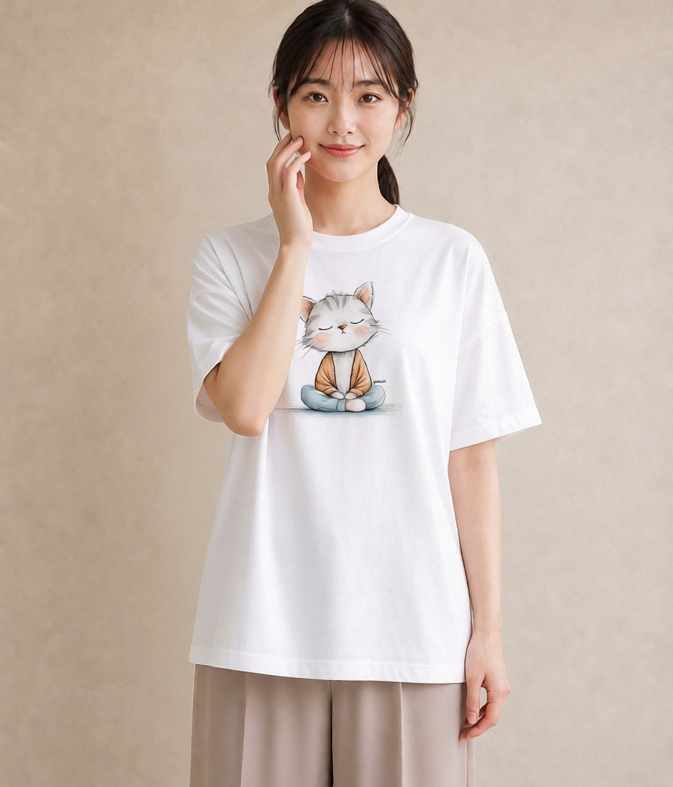 プリントTシャツ レディース おすわり猫 猫 ねこ イラスト ゆるコーデ ルームウェア ギフト 白T