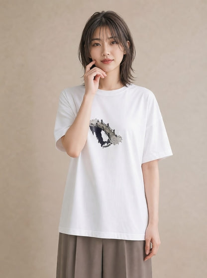 Tシャツ レディース 小川 橋 せせらぎ ナチュラル アンティーク イラスト ラフ 旅行用 海 白T