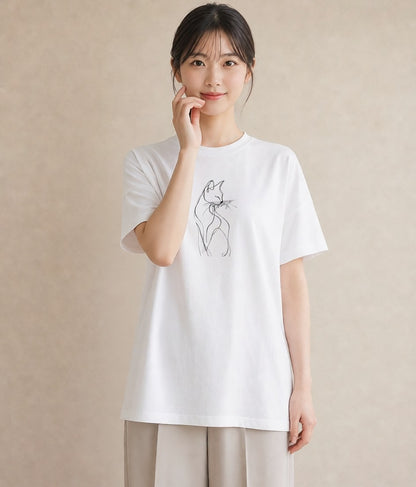 プリントTシャツ レディース 猫 ねこ ネコ イラスト 上品 社会人 女性 白T