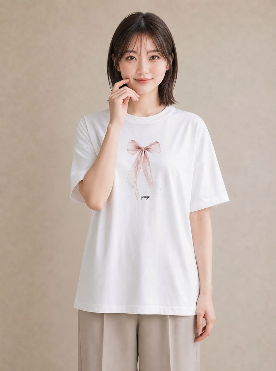Tシャツ レディース リボン 蝶結び ナチュラル アンティーク イラスト ゆるコーデ 送別ギフト 通勤 白T