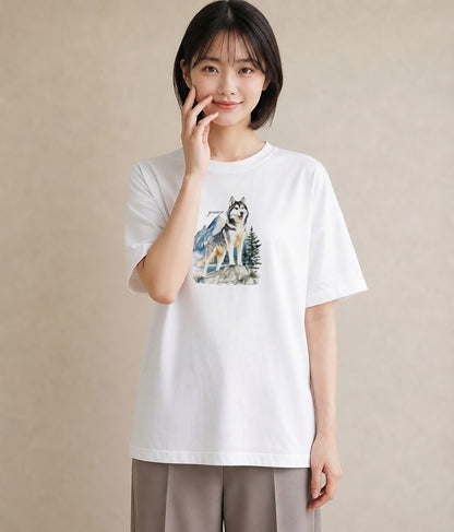 グラフィックTシャツ レディース シベリアンハスキー 犬 いぬ イラスト 線画 女性向けギフト 散歩 白T