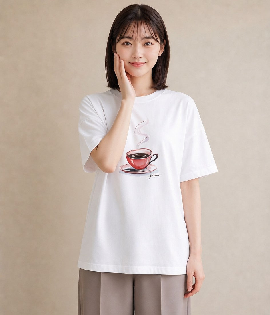 Tシャツ レディース コーヒー カフェ 珈琲 イラスト 淡色 ラフ レイヤード 白T