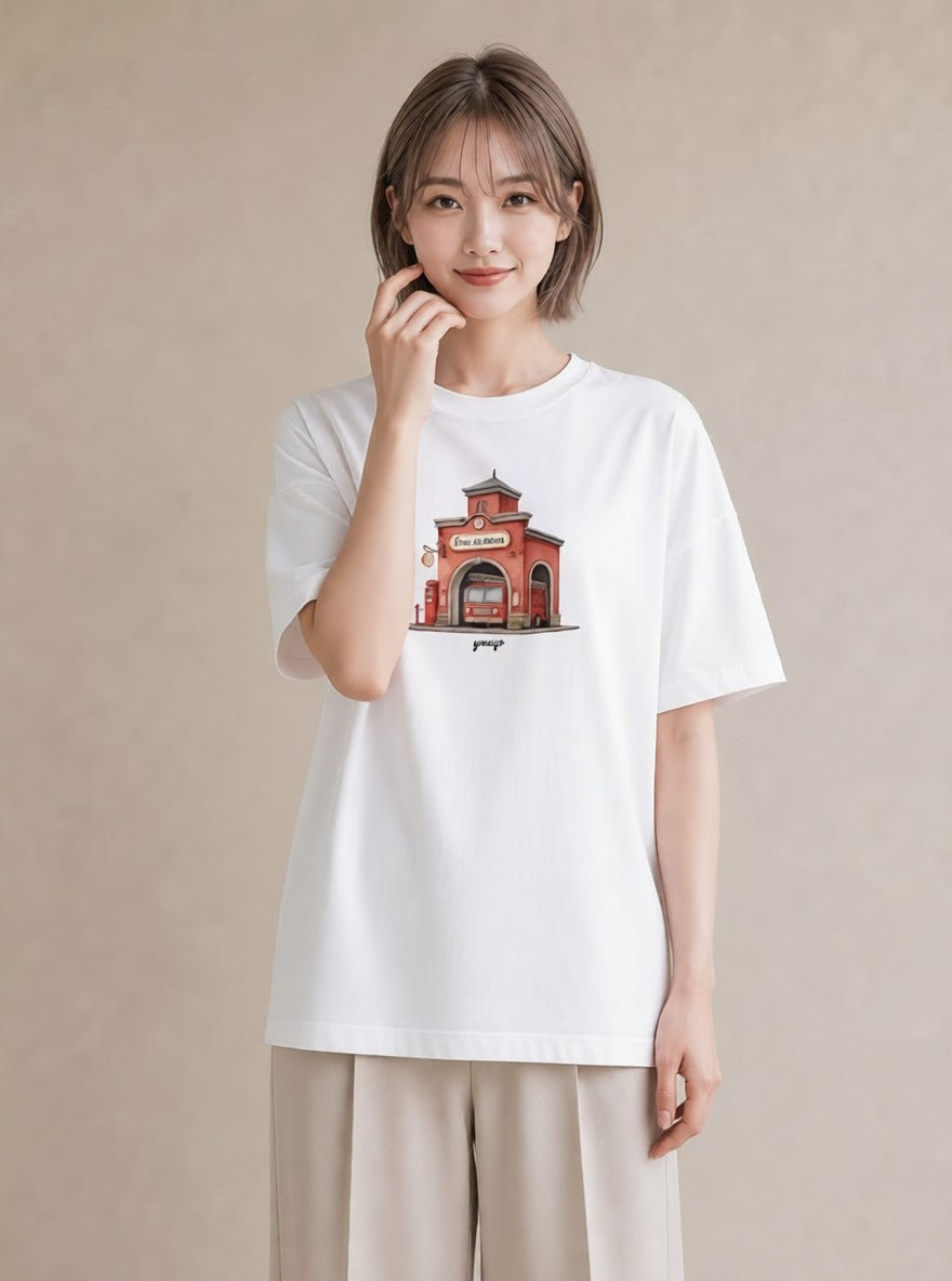 デザインTシャツ レディース 駅のホーム ローカル線 駅 ナチュラル アンティーク イラスト お洒落 誕生日プレゼント 綿100 白T