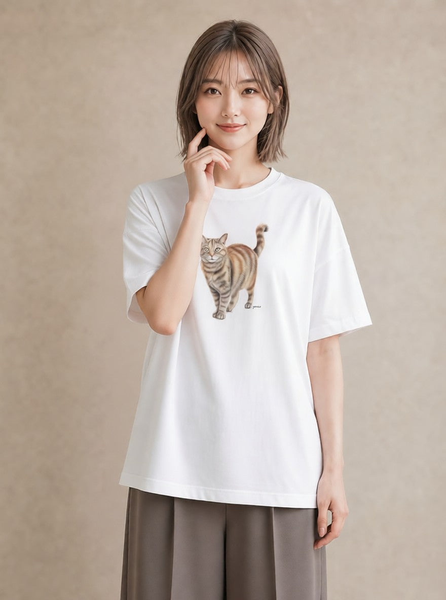 半袖Tシャツ レディース アメリカンショートヘア 猫 ねこ イラスト カフェコーデ 公園 ママ 白T