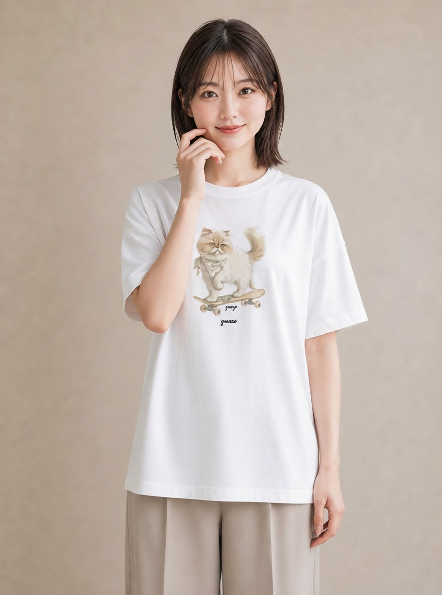 デザインTシャツ レディース エキゾチックショートヘア 猫 ねこ イラスト シンプル 通勤 在宅 白T