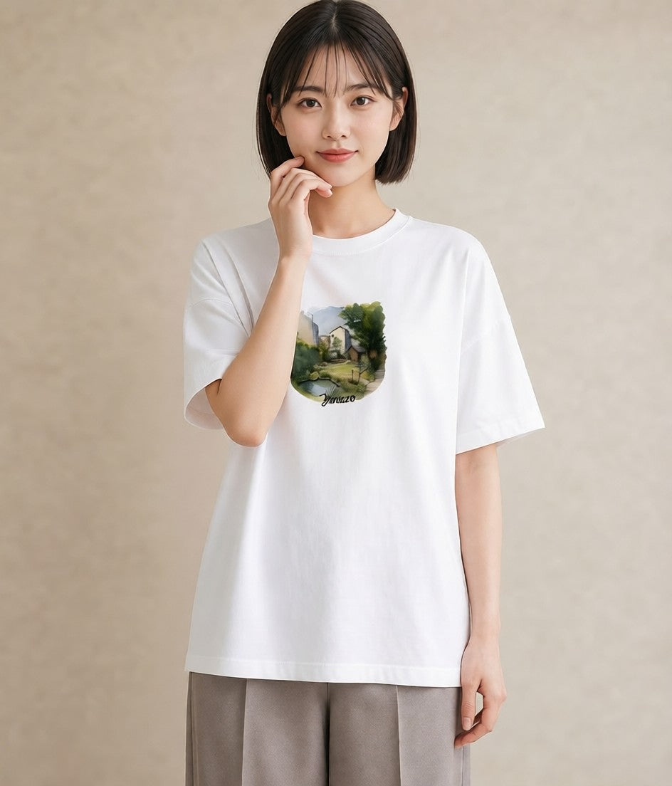 半袖Tシャツ レディース 雨上がりのベンチ ベンチ ナチュラル アンティーク イラスト 水彩風 お出かけ 普段着 白T