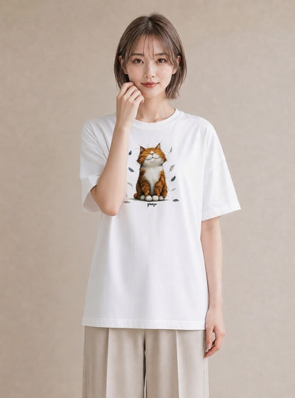 半袖Tシャツ レディース 茶トラ 茶猫 猫 ねこ イラスト シック 綿100 デート 白T