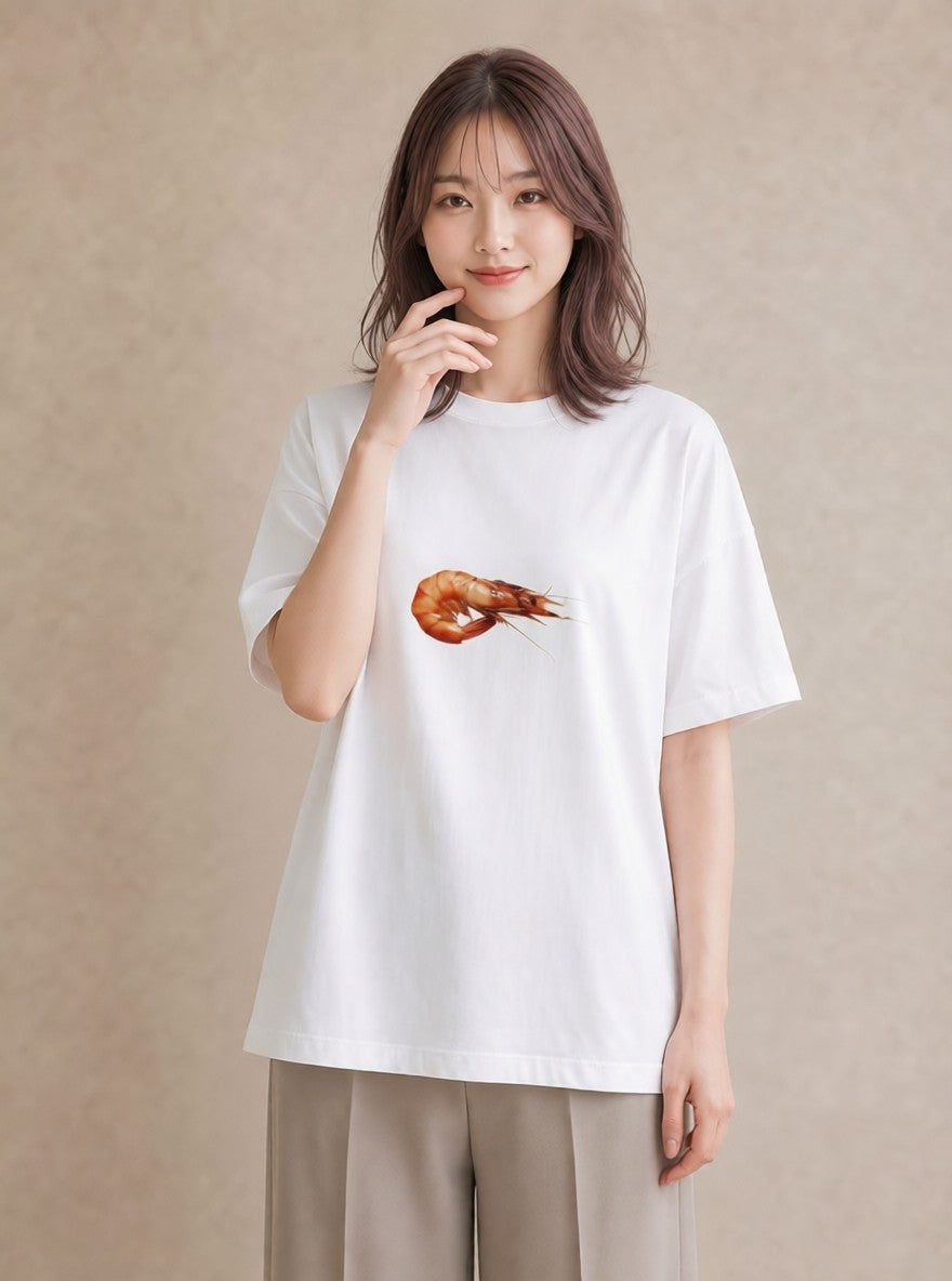 半袖Tシャツ レディース エビ 海の生き物 海 イラスト 水彩風 ビーチ デイリーウェア 白T
