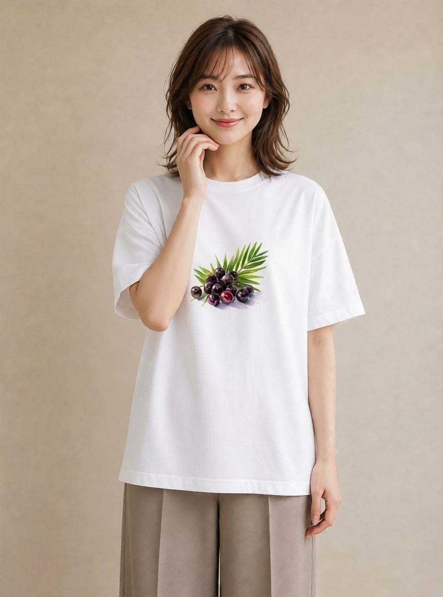 プリントTシャツ レディース ぶどう 葡萄 食べ物 フード イラスト シック 送別ギフト 通勤 白T