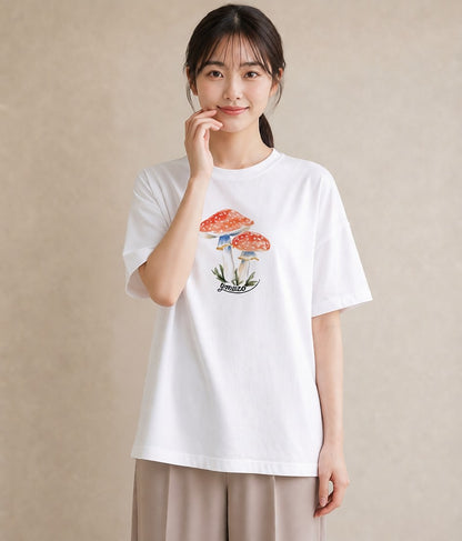 グラフィックTシャツ レディース きのこ 植物 ボタニカル イラスト 可愛い ホワイトデー 春服 白T