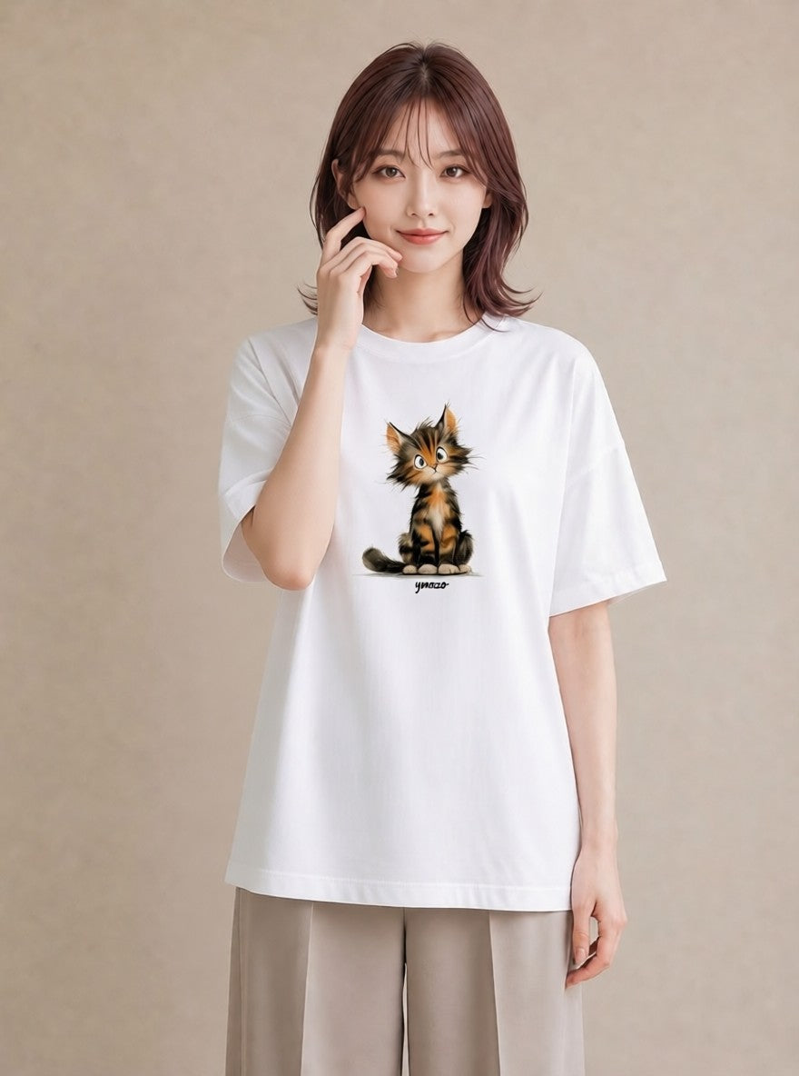 半袖Tシャツ レディース ぶち猫 猫 ねこ イラスト カフェコーデ 公園 ママ 白T