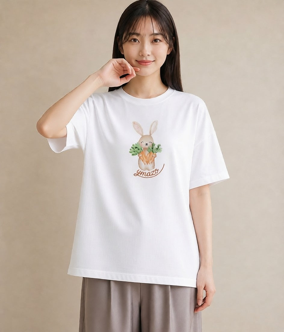 Tシャツ レディース ウサギ系野生 動物 アニマル イラスト 在宅 公園 白T