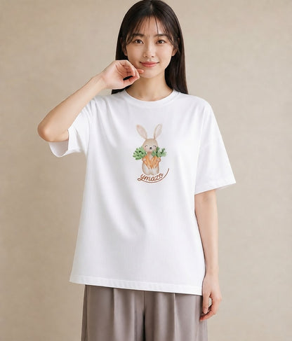 Tシャツ レディース ウサギ系野生 動物 アニマル イラスト 在宅 公園 白T