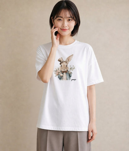 デザインTシャツ レディース ライオンラビット ペット 動物 イラスト 旅行用 海 白T