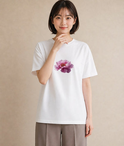 半袖Tシャツ レディース 牡丹 花 花柄 イラスト お洒落 デイリーウェア 休日 白T