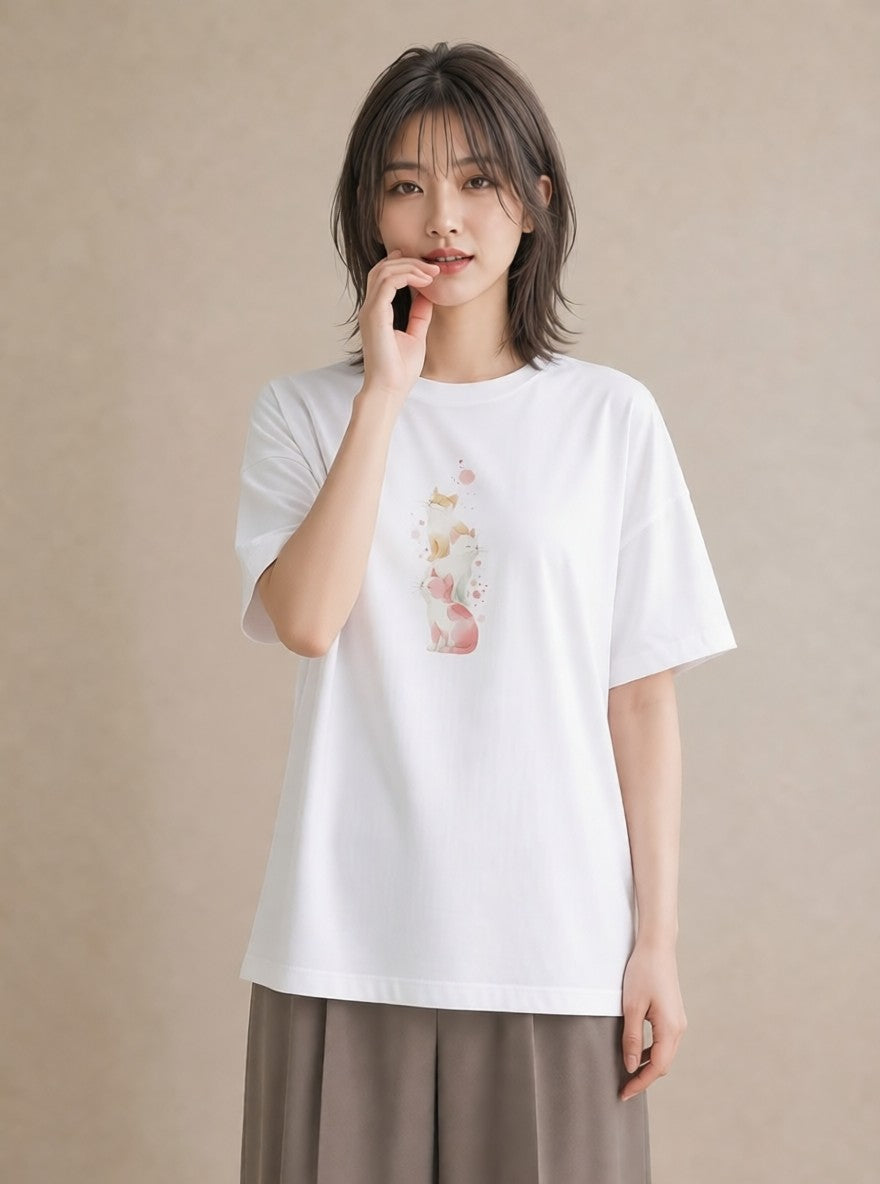 Tシャツ レディース 肉球 猫 ねこ イラスト ゆるコーデ ママ カフェ服 白T