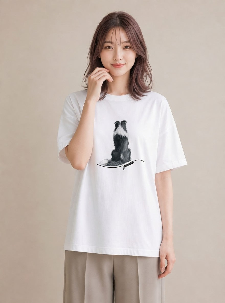 デザインTシャツ レディース ボーダーコリー 犬 いぬ イラスト ラフカジュアル 公園 ママ 白T