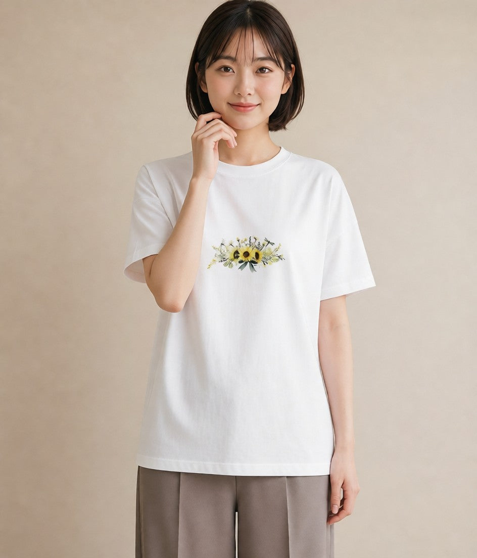 Tシャツ レディース ひまわり 向日葵 花 花柄 イラスト 可愛い 公園 ママ 白T