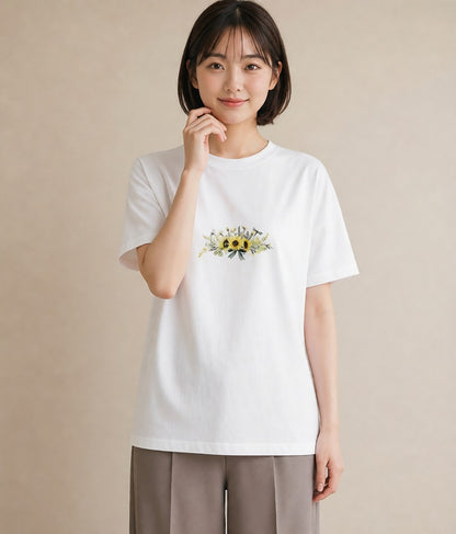 Tシャツ レディース ひまわり 向日葵 花 花柄 イラスト 可愛い 公園 ママ 白T