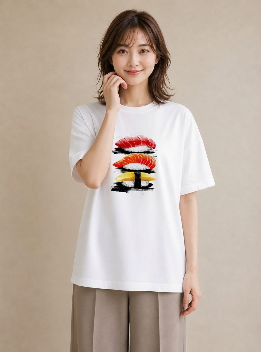 Tシャツ レディース お寿司 食べ物 フード イラスト ラフカジュアル 海 カフェ巡り 白T