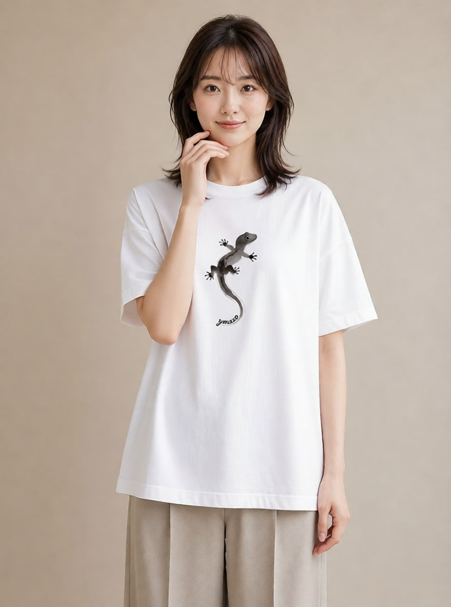 グラフィックTシャツ レディース ヤモリ ペット 動物 イラスト ラフ レイヤード 白T