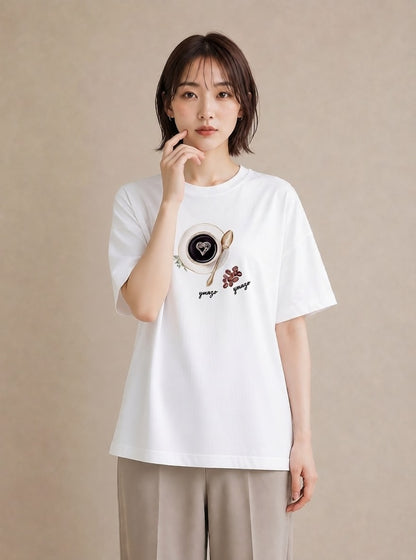 グラフィックTシャツ レディース カフェオレ 食べ物 フード イラスト こなれ感 友達ギフト 部屋着 白T